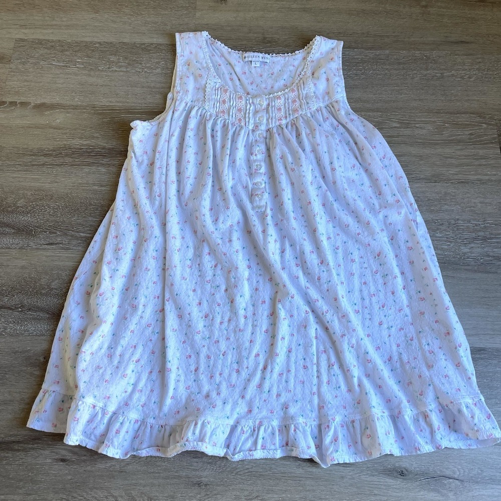 Eileen West Cotton Nightgown Large Pink Floral Lace Trim Button Tank Prairie